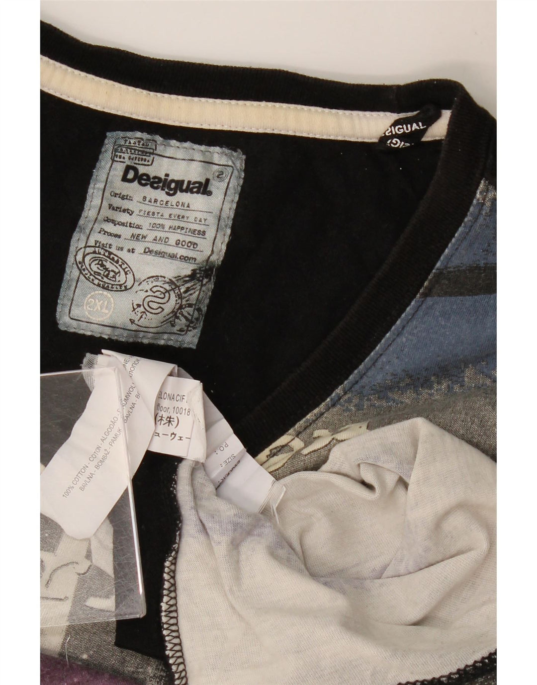 DESIGUAL Męski T-shirt z grafiką Top 2XL Szary, bawełniany z blokami kolorów