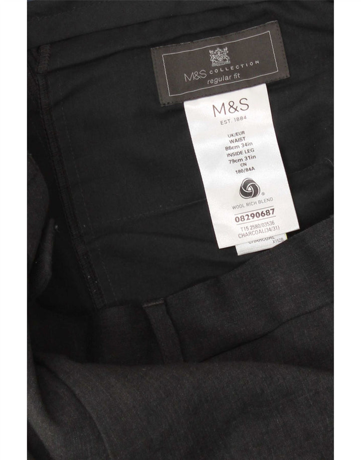 Męskie spodnie garniturowe Marks & Spencer o regularnym kroju W34 L31 Szara wełna