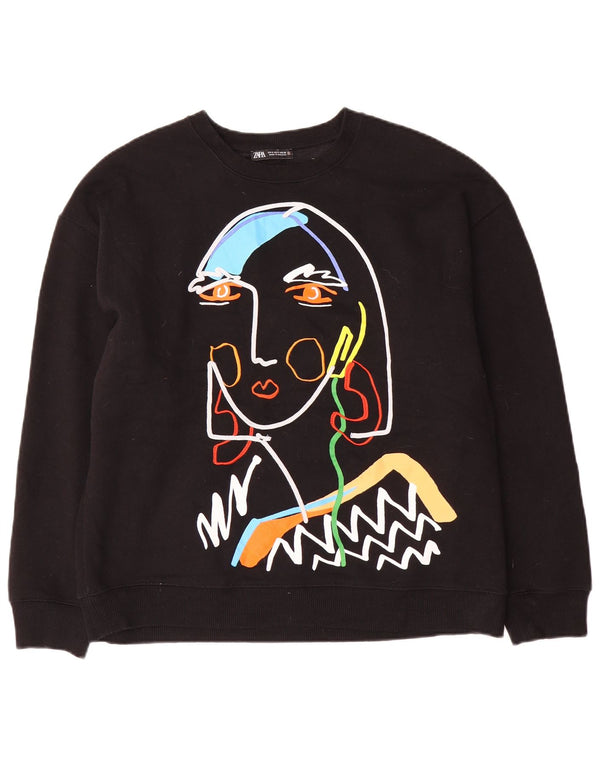 Damski sweter Zara z grafiką oversize, UK 10, mały, czarny, bawełniany