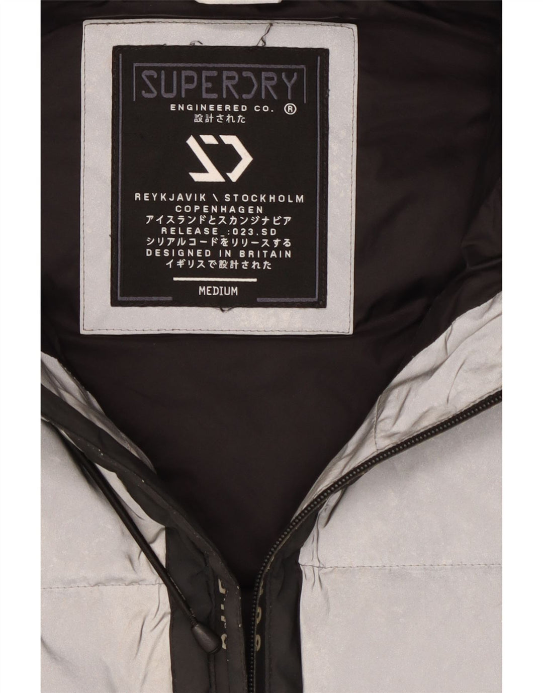 Męska wyściełana kurtka Superdry z kapturem i grafiką, UK 38, średniosrebrna, z blokami kolorów