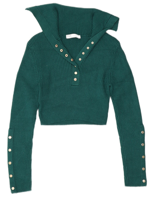 Damski sweter Zara Crop Polo Neck Sweter UK 12 Średni zielony wiskoza
