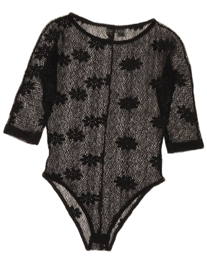 Vintage damskie body z prześwitującą koronką IT 42, średni czarny kwiatowy