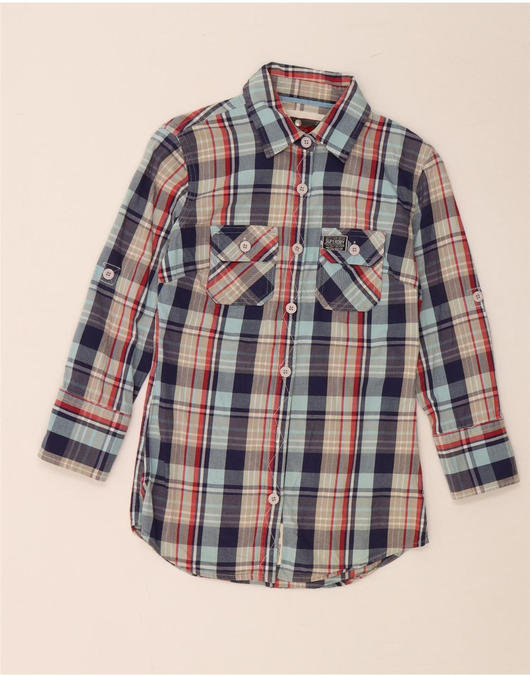 SUPERDRY Damska koszula flanelowa UK 10, mała, niebieska kratka, bawełniana