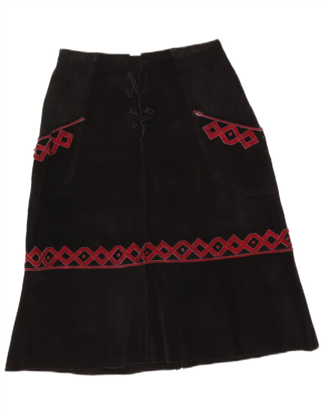 Vintage damska zamszowa spódnica midi W28 średnia czarna geometryczna