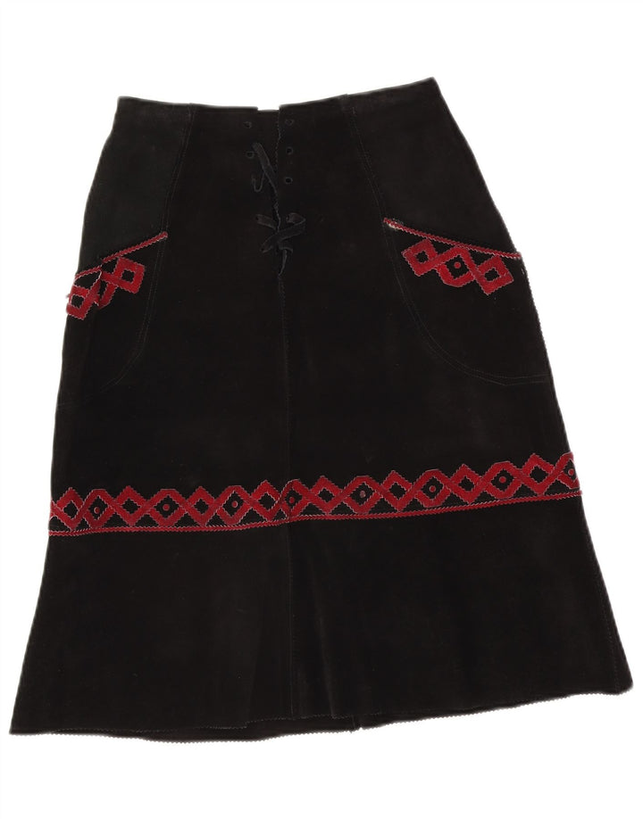Vintage damska zamszowa spódnica midi W28 średnia czarna geometryczna