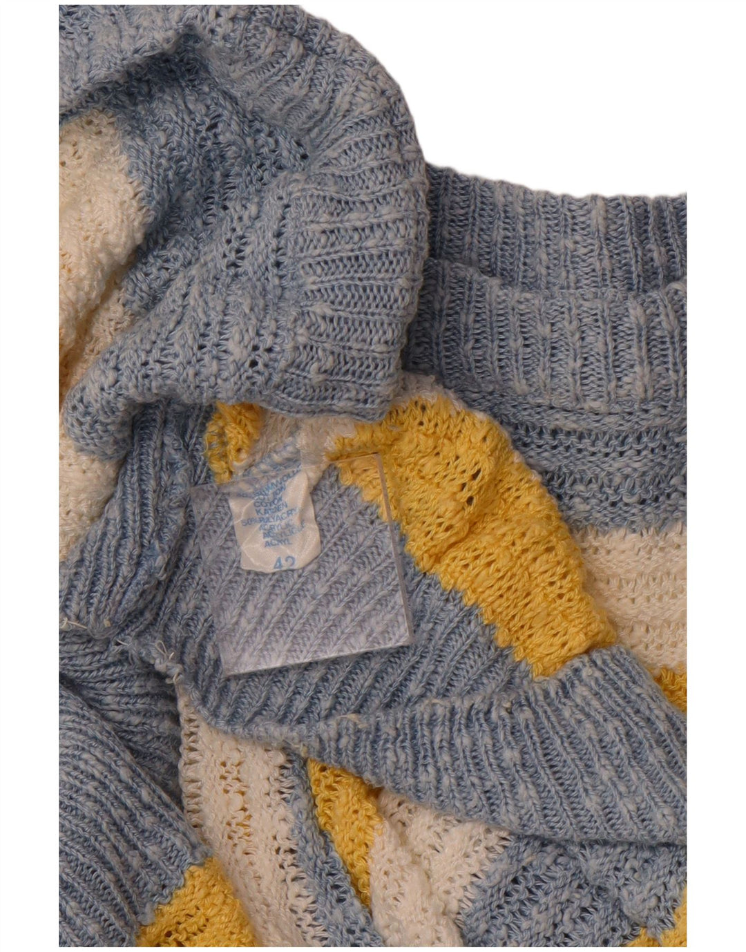 Damski sweter w stylu VINTAGE z dekoltem w łódkę IT 42, bawełniany w średnie niebieskie paski