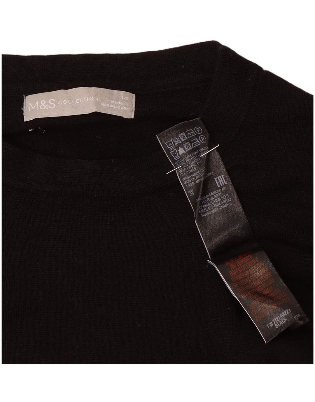 Marks & Spencer Damski sweter z okrągłym dekoltem UK 14, duży, czarny, wełniany