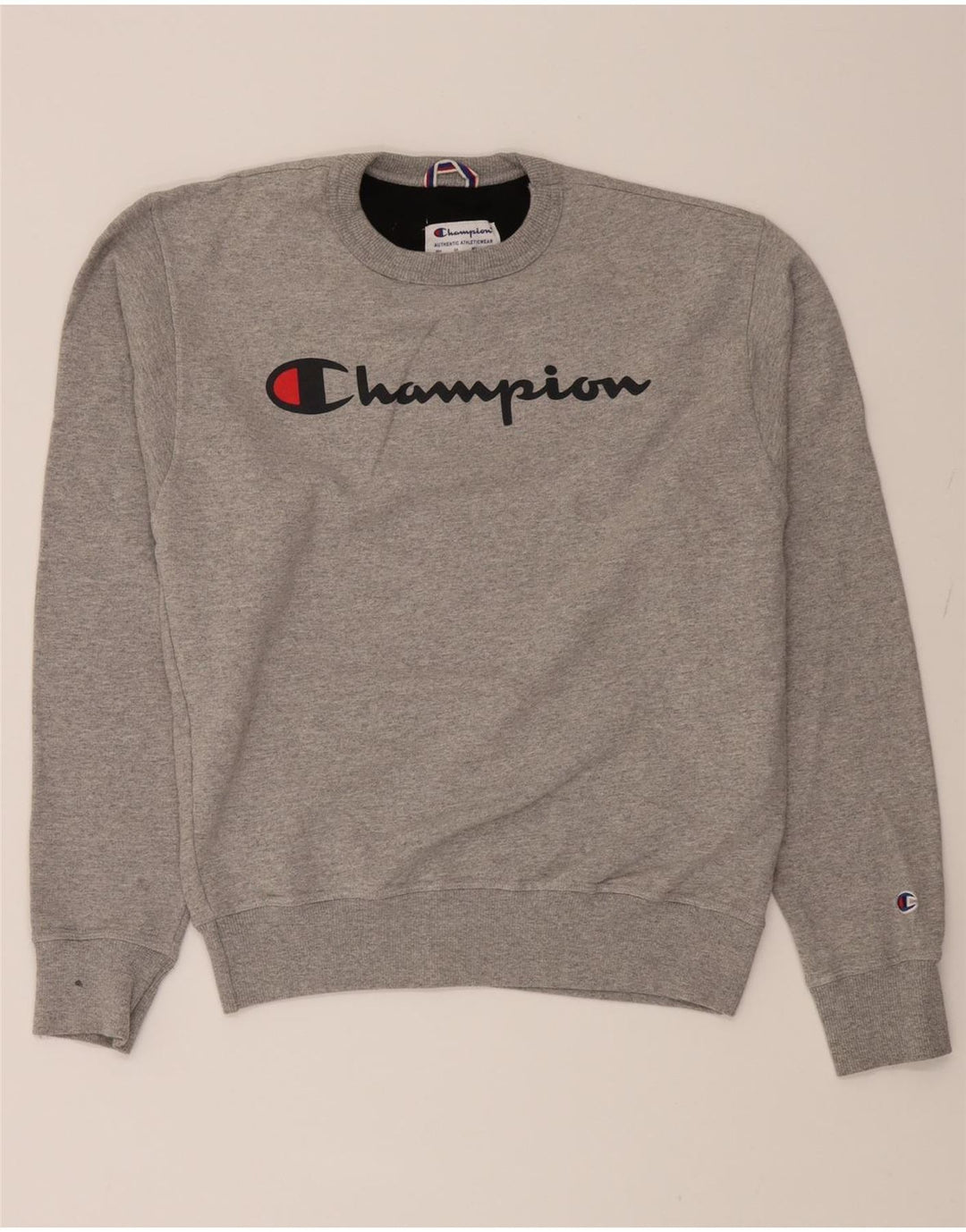 CHAMPION Mens Graphic Sweatshirt Jumper Small Grey Polyester Vintage Champion and Second-Hand Champion from Messina Hembry 