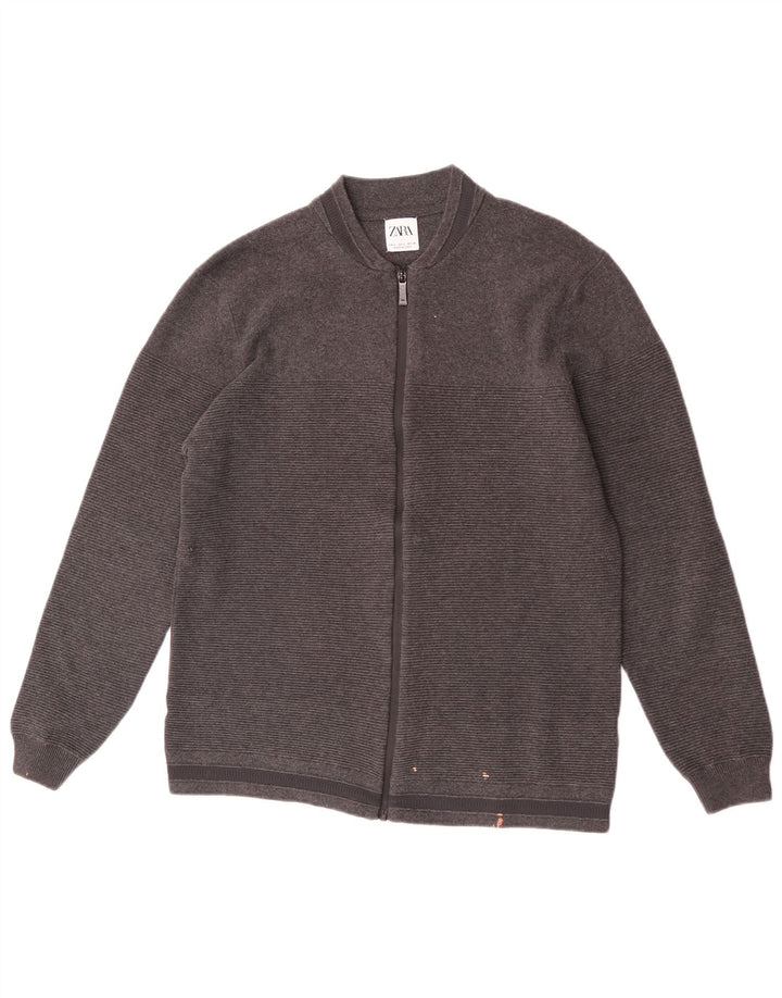 Męski sweter Zara, duży, szary, bawełniany w paski