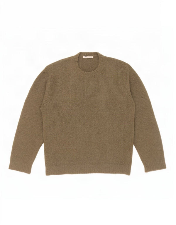 Męski sweter z okrągłym dekoltem Zara, średni khaki, akryl