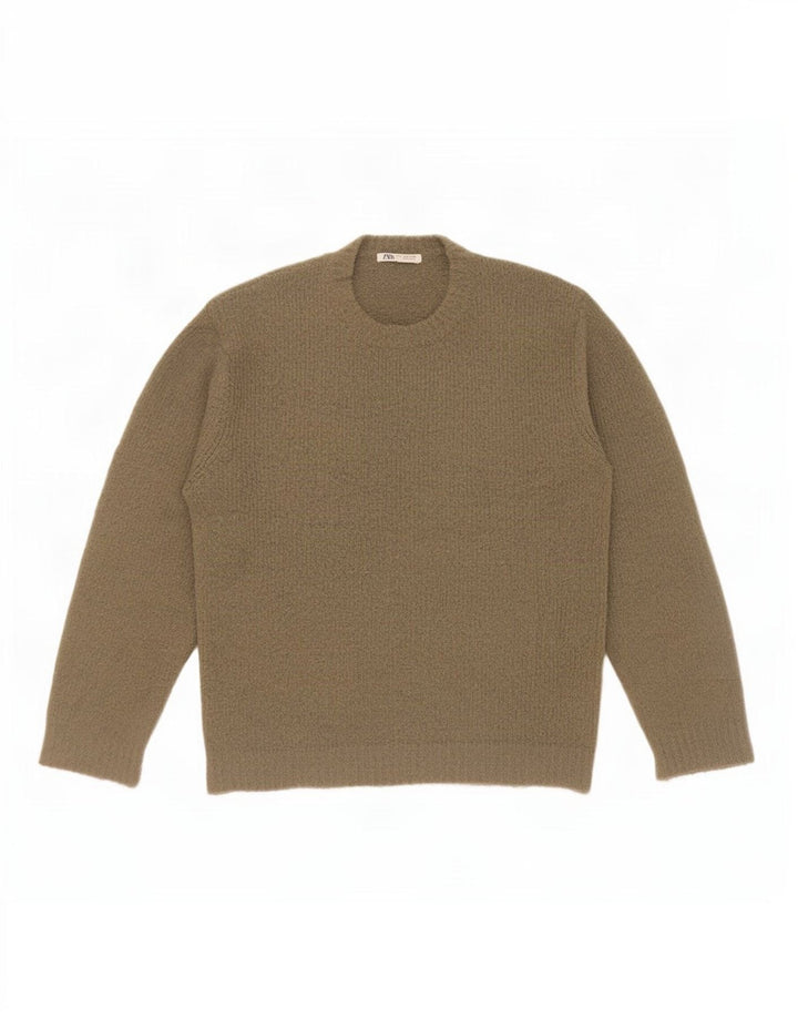 Męski sweter z okrągłym dekoltem Zara, średni khaki, akryl