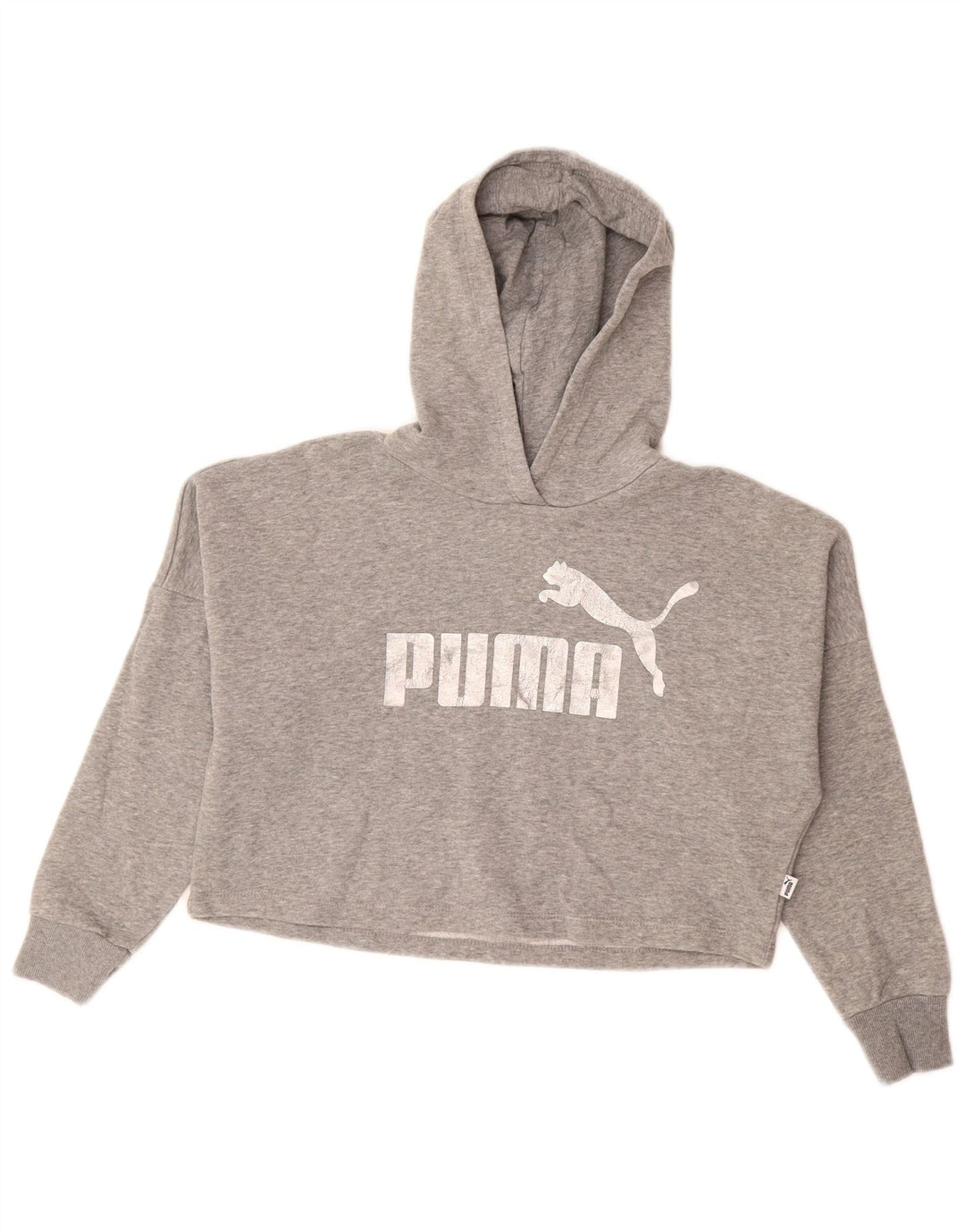 Dziewczęcy sweter z kapturem i grafiką PUMA, 9-10 lat, szara bawełna