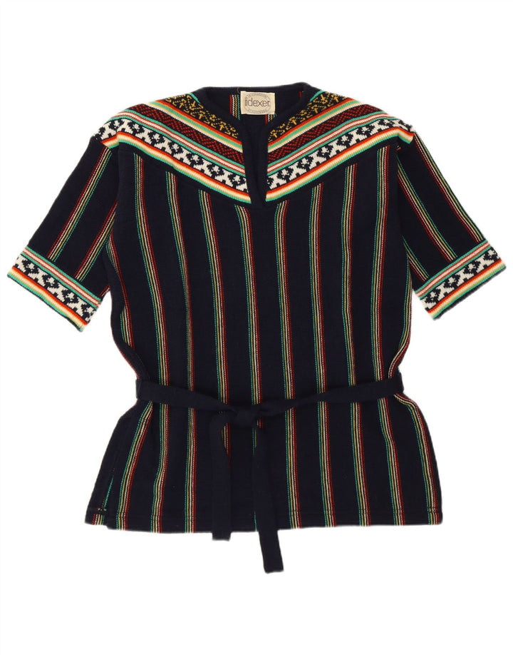 Sweter damski w stylu vintage z dekoltem w kształcie litery V, UK 12, średni granatowy w paski, retro