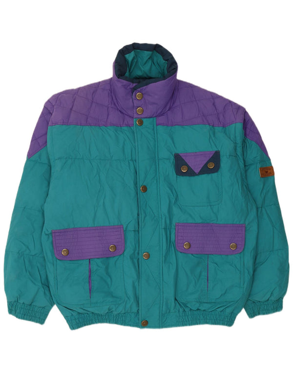 Vintage męska ocieplana kurtka UK 42 XL, niebieski poliester z blokami kolorów