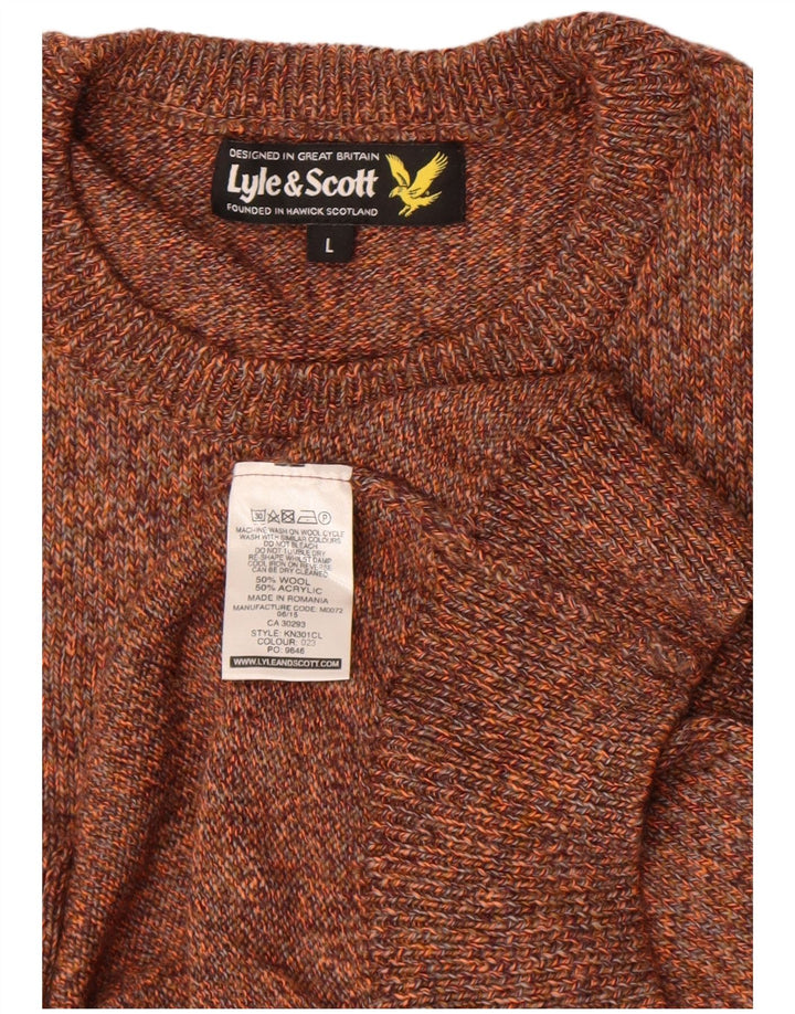 Męski sweter z okrągłym dekoltem Lyle & Scott, duży, brązowy, wełniany w cętki
