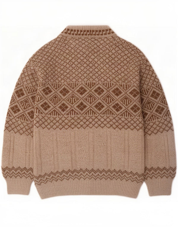 Vintage męski sweter z okrągłym dekoltem, duży, beżowy, akryl Fair Isle