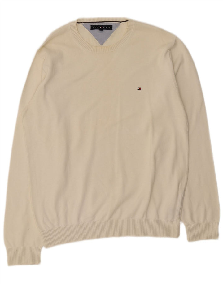 Męski sweter z okrągłym dekoltem Tommy Hilfiger, duży, biały, bawełniany