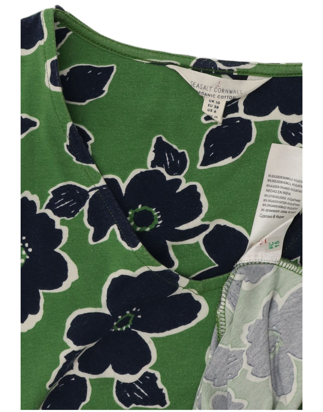 SEASALT CORNWALL Damska sukienka o linii A UK 10 Mała, zielona bawełna w kwiaty