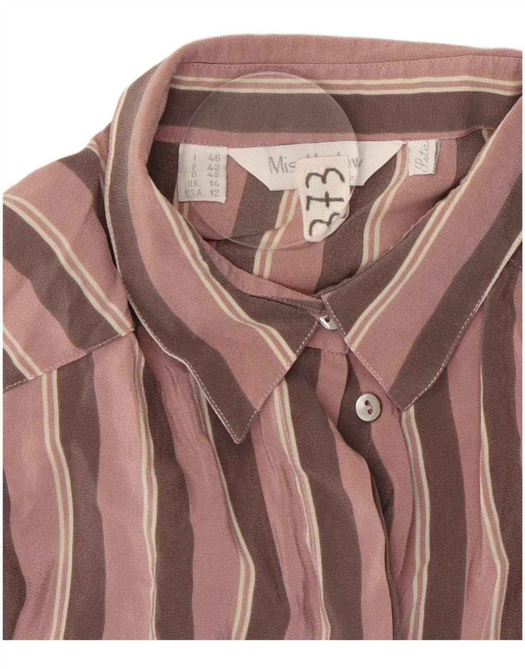 Damska bluzka koszulowa VINTAGE UK 14, duża, różowa, jedwabna w paski