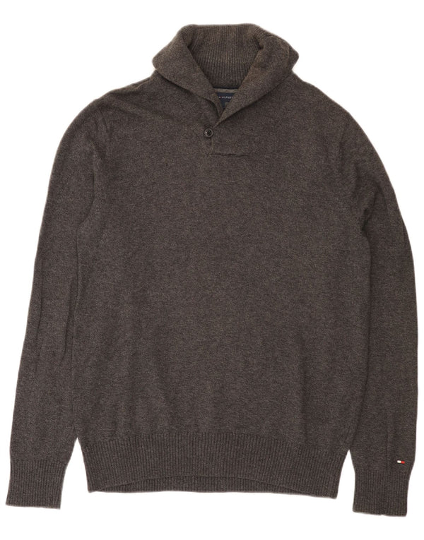 Męski sweter Tommy Hilfiger z szalowym dekoltem, duży, szary, bawełniany