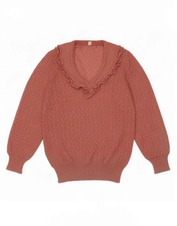 Vintage damski sweter z falbaną z przodu i dekoltem w szpic IT 44 średni róż
