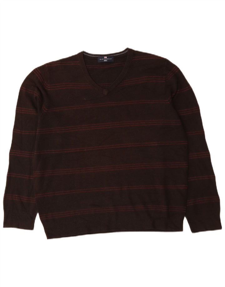 Męski sweter Marks & Spencer Blue Harbor z dekoltem w kształcie litery V, w duże brązowe paski