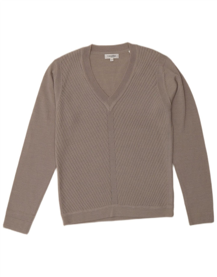 CALVIN KLEIN Damski sweter golfowy z dekoltem w kształcie litery V, UK 10, mały, beżowy, wełniany