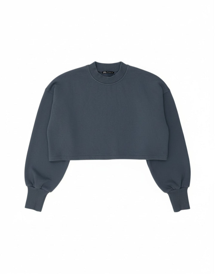 ZARA Womens Crop Sweatshirt Jumper UK 14 Medium Navy Blue Cotton