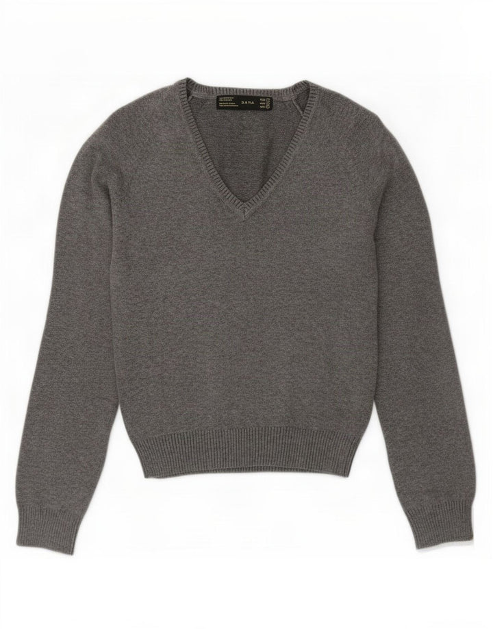 Damski sweter Zara z dekoltem w kształcie litery V, mały, szary, bawełniany