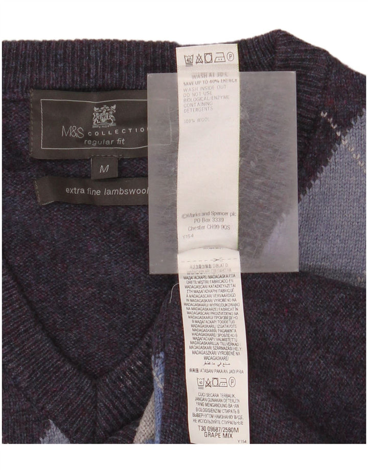 Marks & Spencer Męski sweter z dekoltem w kształcie litery V, średniofioletowy Argyle/Diament
