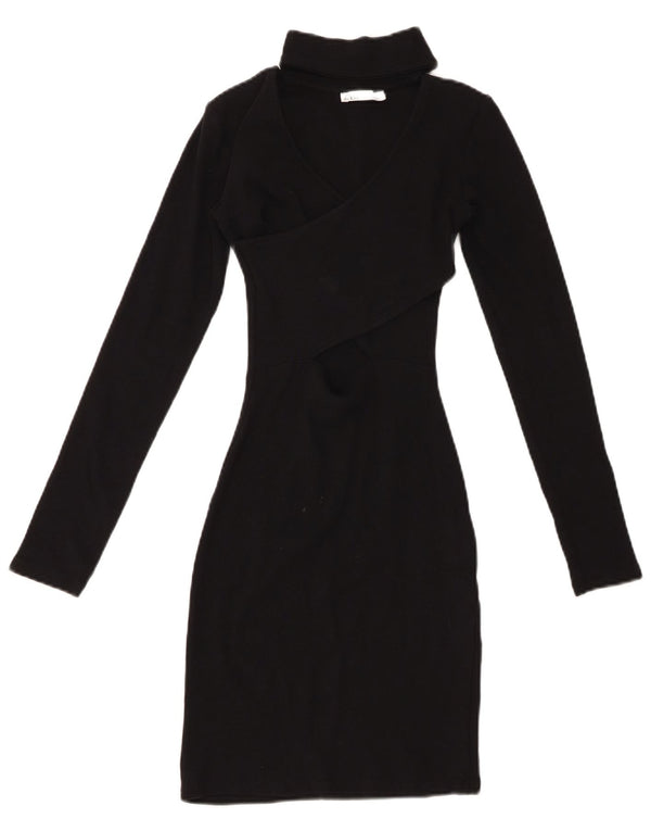ZARA Womens Long Sleeve Bodycon Dress UK 8 Small Black Cotton