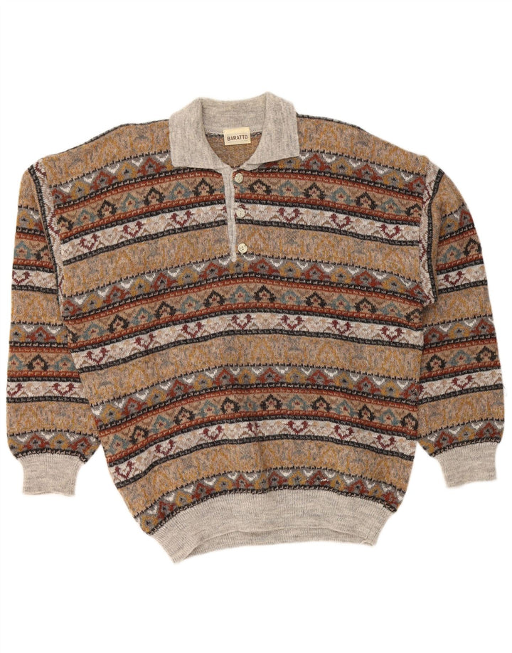 Męski sweter polo w stylu VINTAGE IT 52, duży, brązowy, akryl Fair Isle