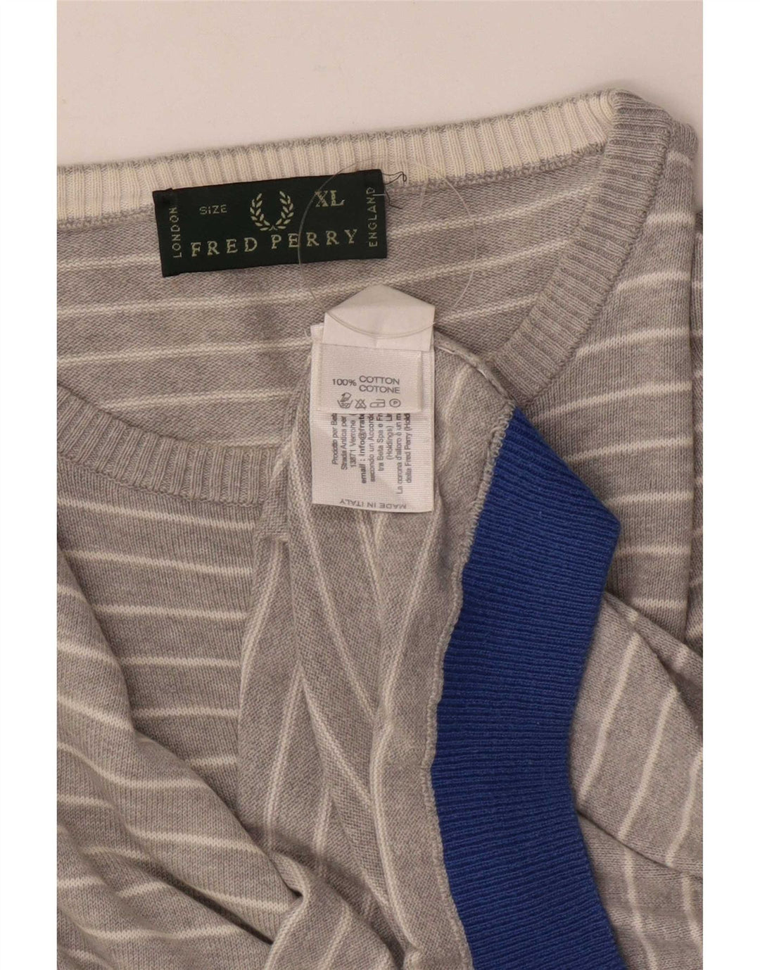 Męski sweter z okrągłym dekoltem Fred Perry XL, bawełniany w szare paski