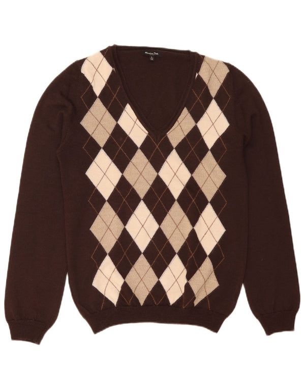 Sweter damski Massimo Dutti z dekoltem w kształcie litery V, UK 14, duży, brązowy, argyle/diament