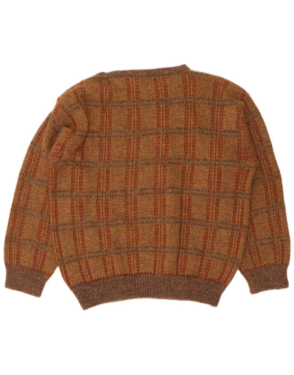 Vintage męski sweter z dekoltem w łódkę, duży, brązowy akryl w kratkę
