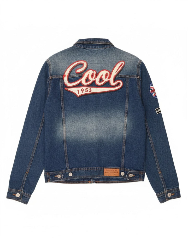 ALCOTT Womens Graphic Denim Jacket UK 16 Large Blue Cotton