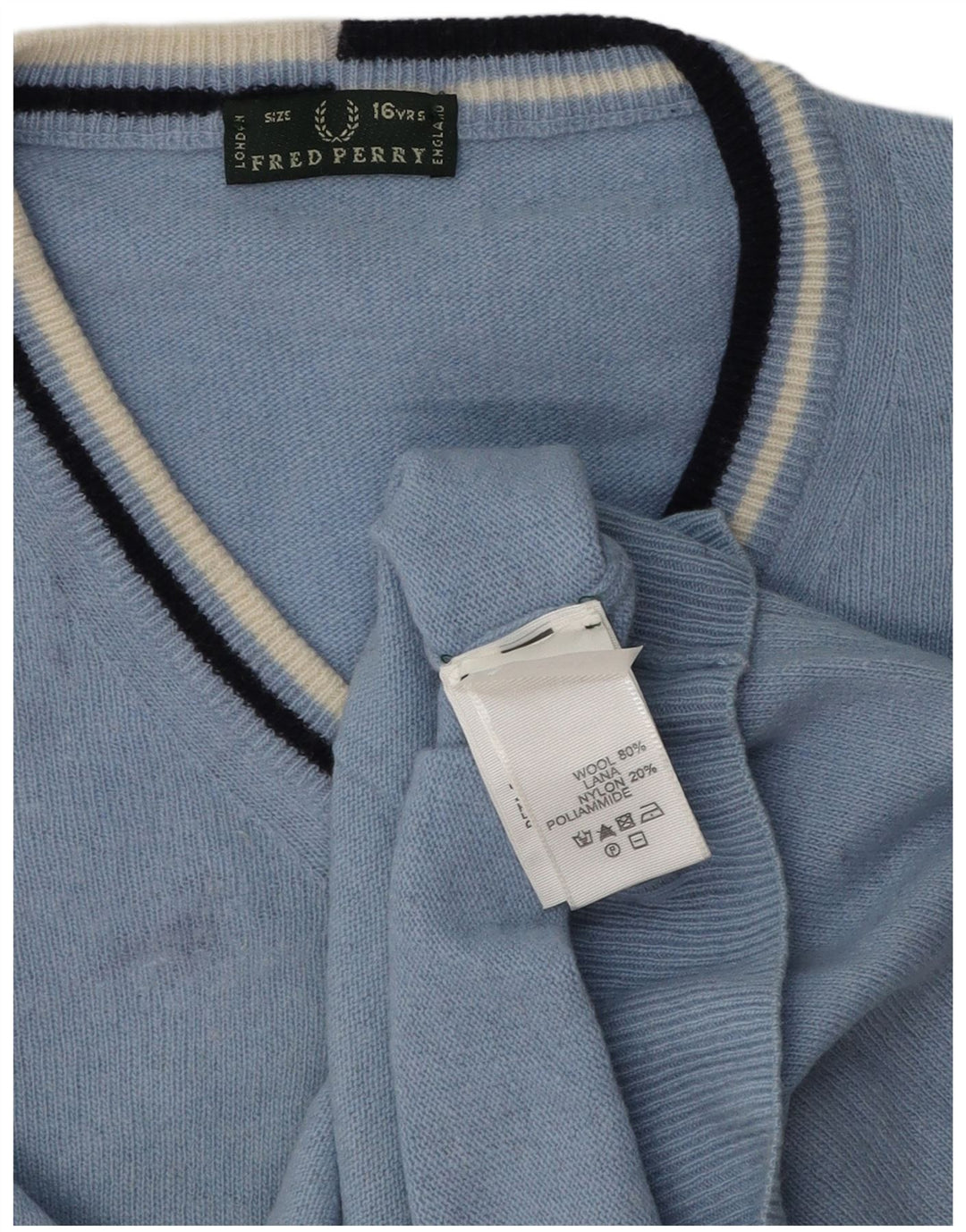 Sweter chłopięcy Fred Perry z dekoltem w kształcie litery V, 15-16 lat, niebieska wełniana