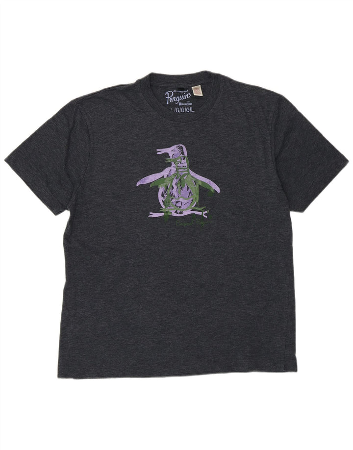 Męski T-shirt z grafiką Pingwin, duży, szary, bawełniany