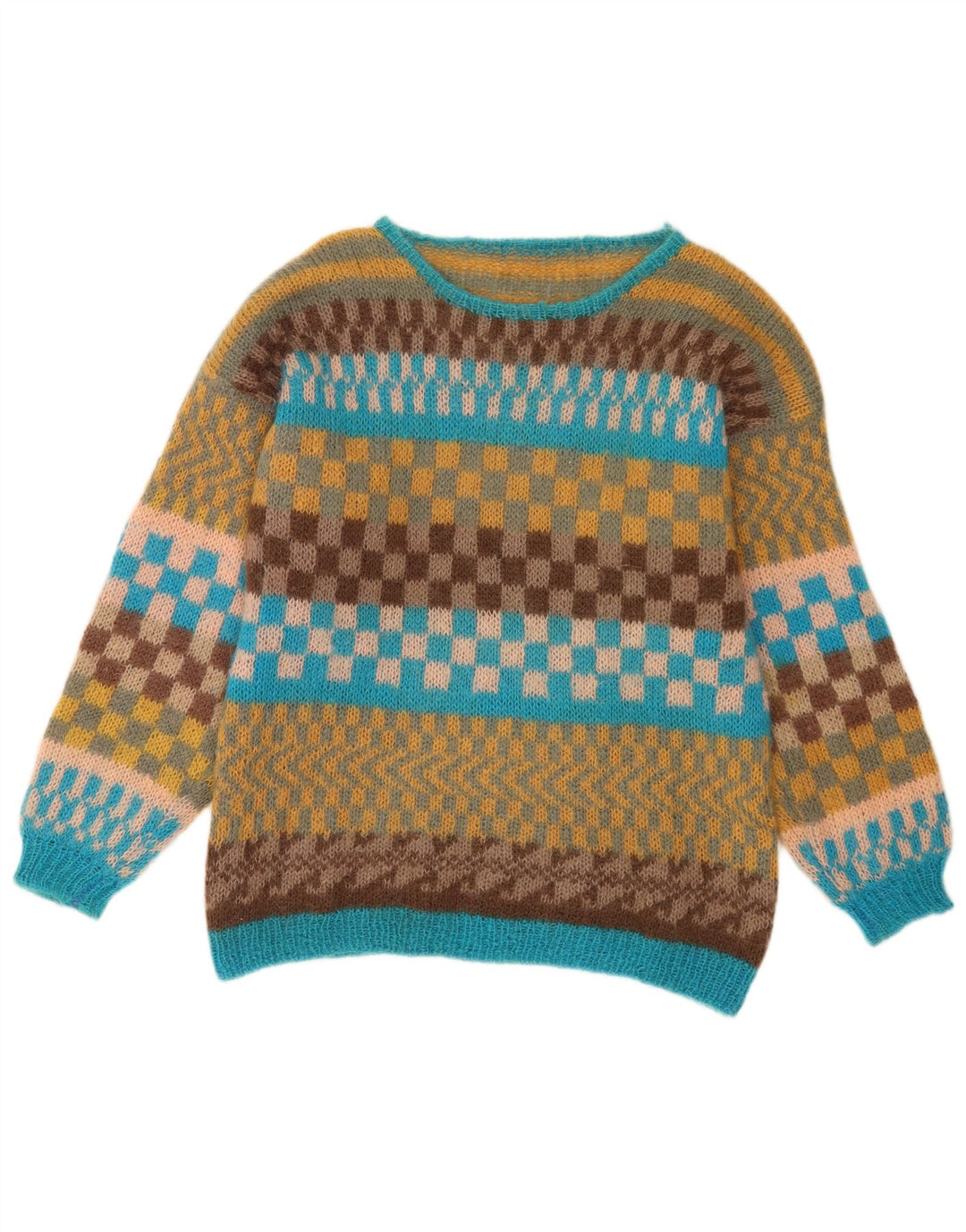 Męski sweter w stylu vintage z dekoltem w łódkę, średnio wielobarwny, geometryczny