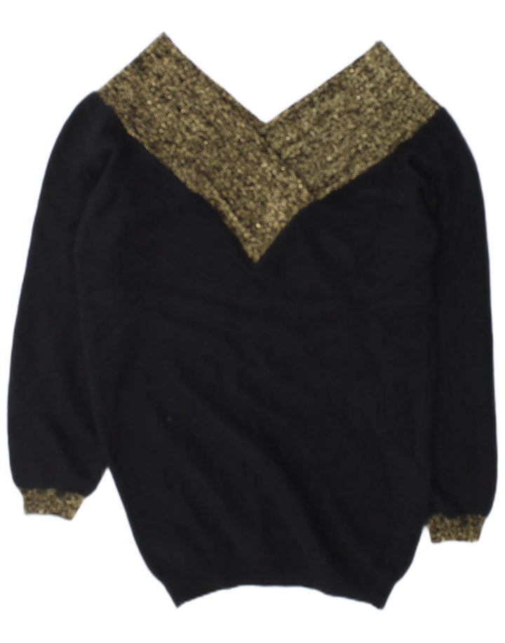 Sweter damski w stylu vintage z dekoltem w kształcie litery V, EU 38/40, średni czarny, blok kolorów