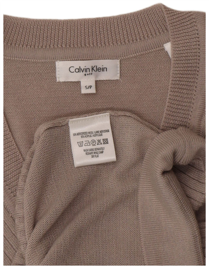 CALVIN KLEIN Damski sweter golfowy z dekoltem w kształcie litery V, UK 10, mały, beżowy, wełniany