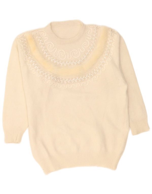 Sweter damski w stylu vintage z okrągłym dekoltem UK 16, duży, wełniany paisley w kolorze złamanej bieli