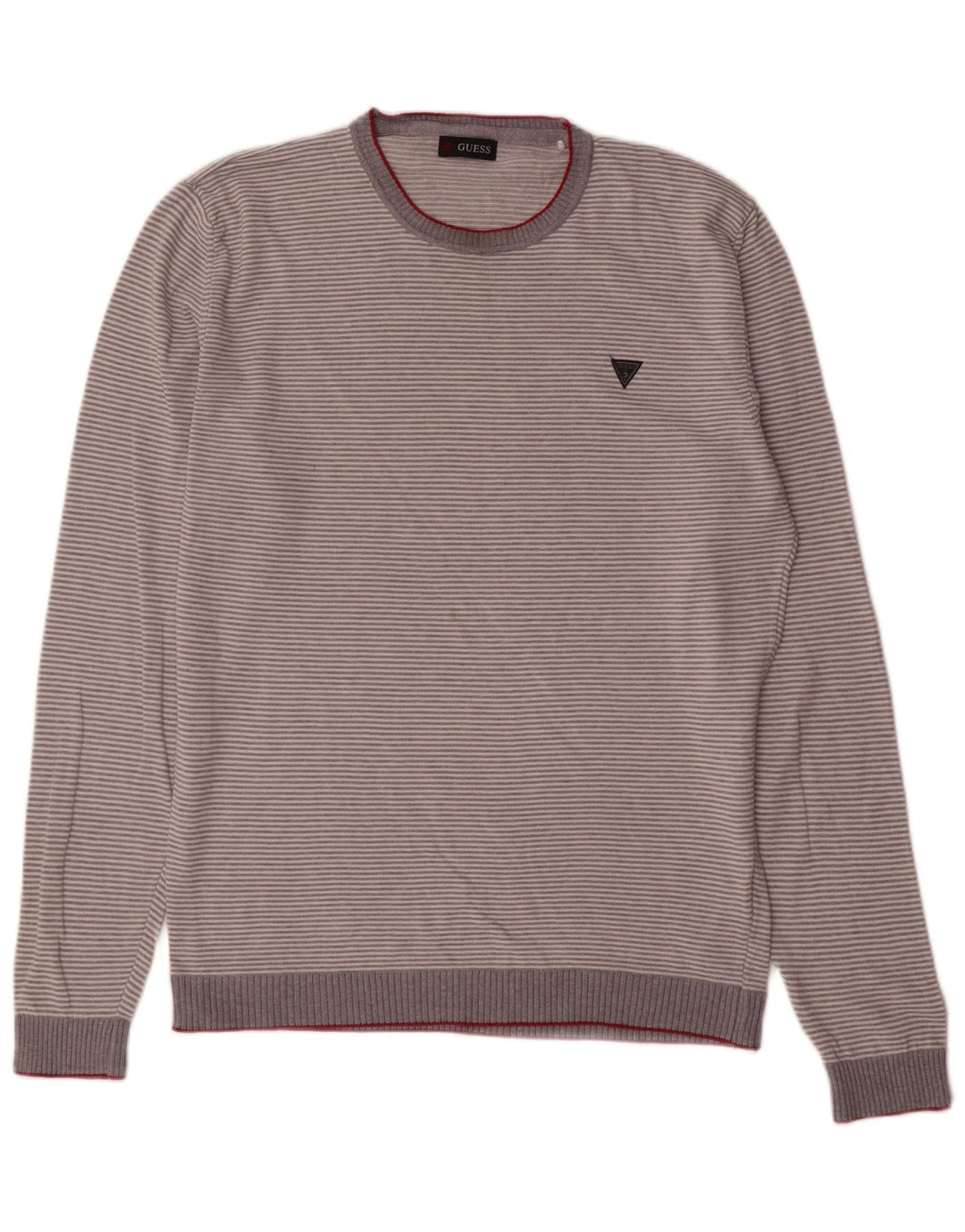 Guess Męski sweter z okrągłym dekoltem, duży, szary, bawełniany w paski