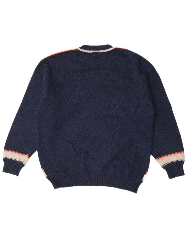 Vintage męski sweter z okrągłym dekoltem, duży, granatowy, wełniany blok kolorów