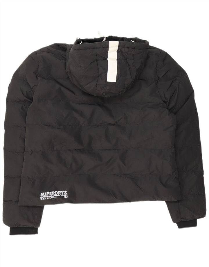 Damska ocieplana kurtka SUPERDRY z kapturem i grafiką UK 16, duża, czarna, z blokami kolorów