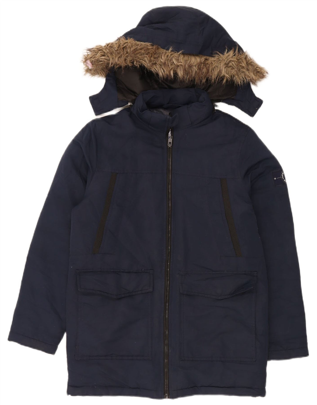 Chłopięcy, ocieplany płaszcz z kapturem Jack & Jones, 13-14 lat, granatowy, poliester