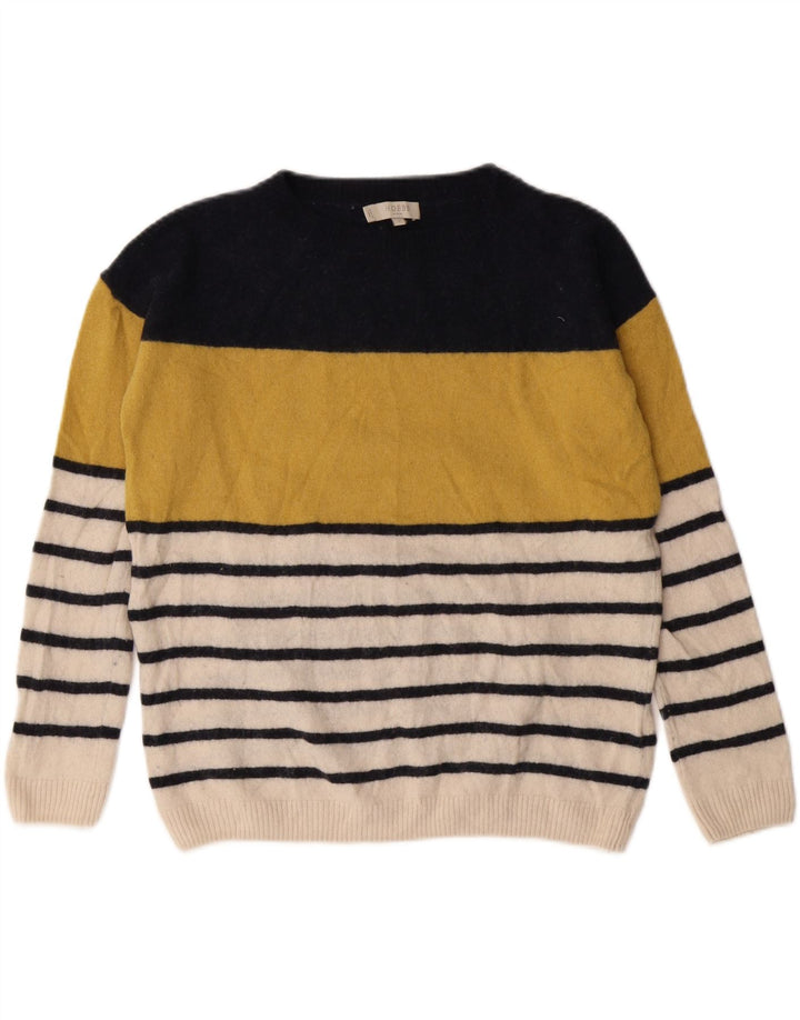 HOBBS Damski sweter z dekoltem w łódkę UK 10, wełniany w małe żółte paski