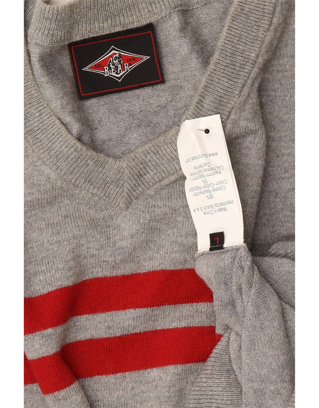 BEAR Mens V-Neck Jumper Sweater Large Grey Striped Cotton Vintage Bear and Second-Hand Bear from Messina Hembry 