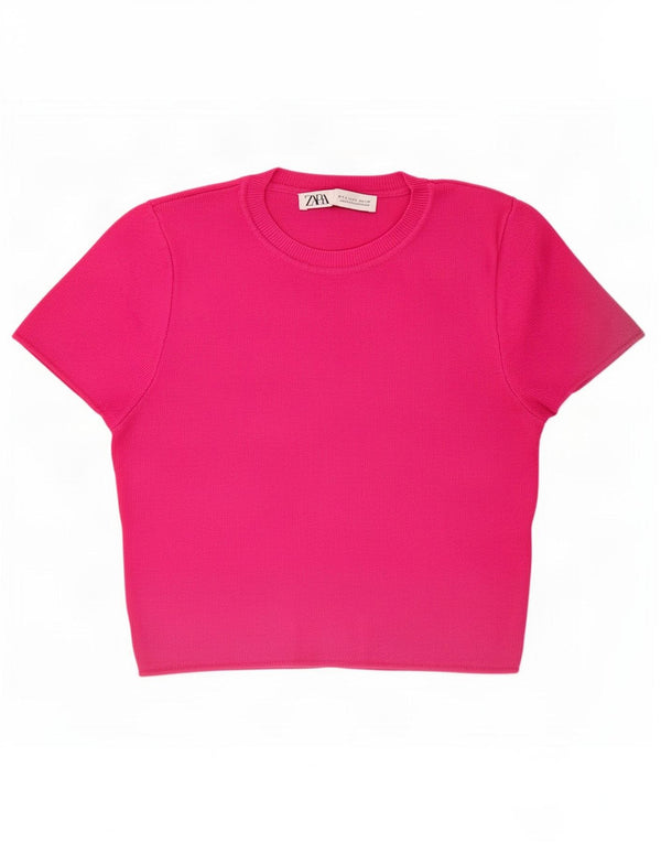 Zara Womens Crop T-Shirt Top UK 14 Large Pink Viscose