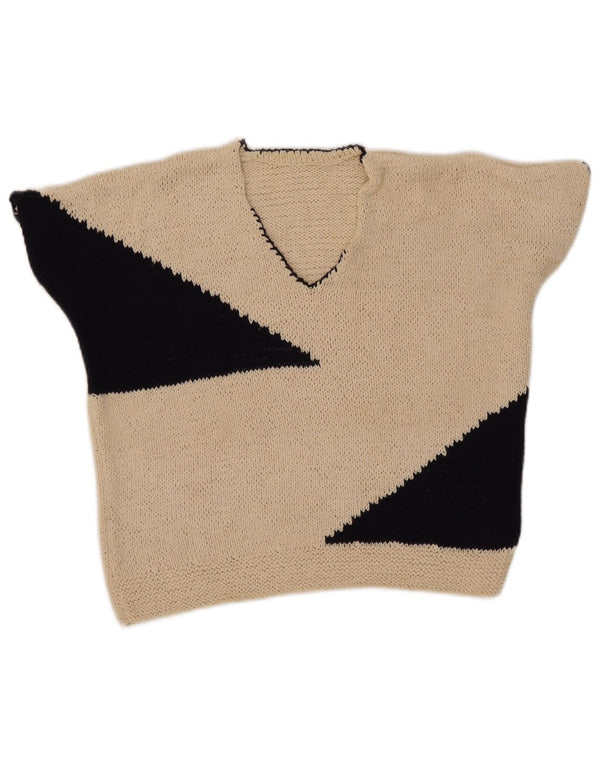 Vintage damski sweter z dekoltem w kształcie litery V, UK 12, średni beż, blok kolorów